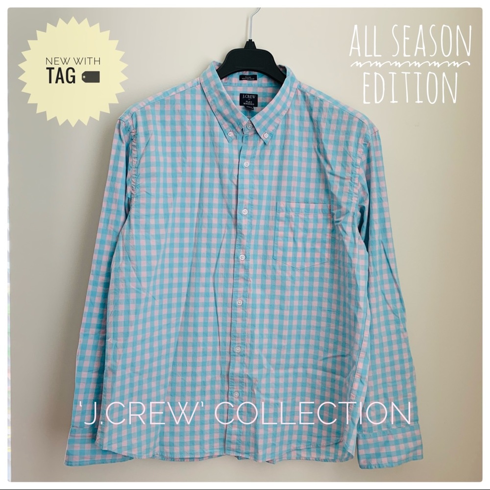 ⛵ (NWT) J. CREW Light Blue & Light Pink Square Patterned Button Down Long Sleeve